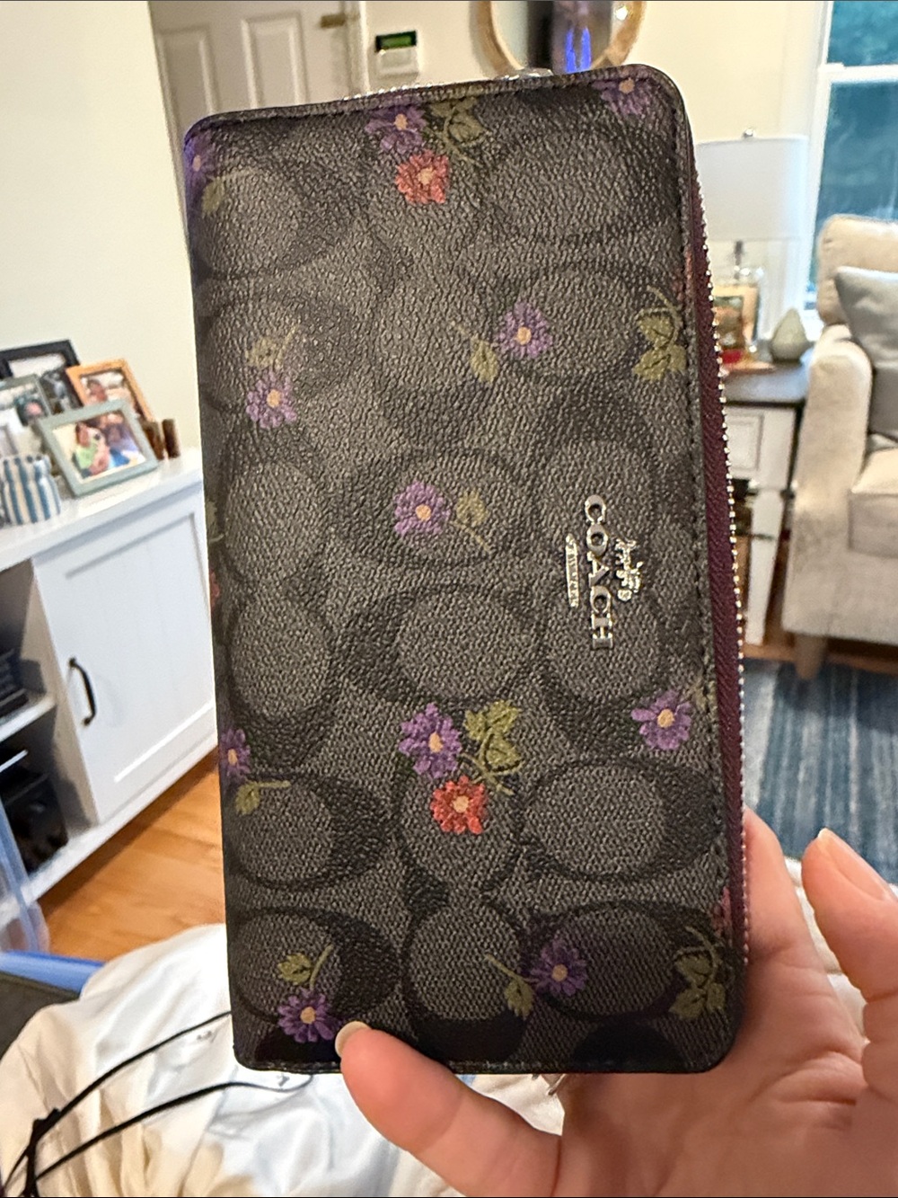 Coach Black Signature Zip Wallet with Purple and Red Floral Print